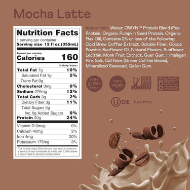 OWYN Non-Dairy Coffee Shake 20g Protein, Double Shot Mocha Latte, 12oz (Pack of 12)